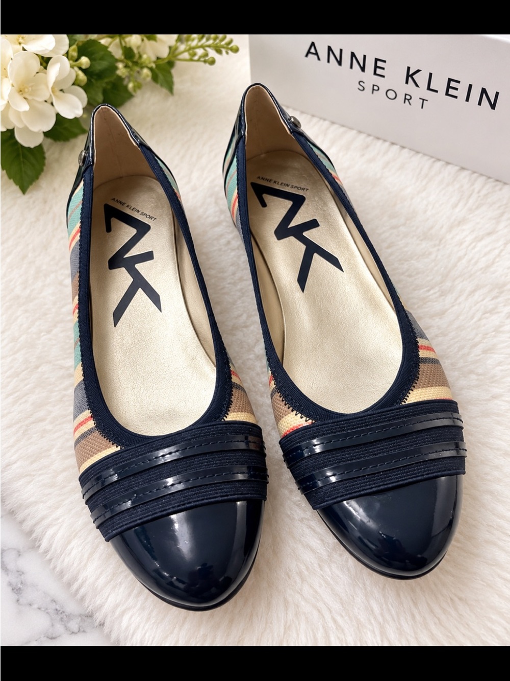 Anne Klein Navy and Multicolor Striped Cap-Toe Flats